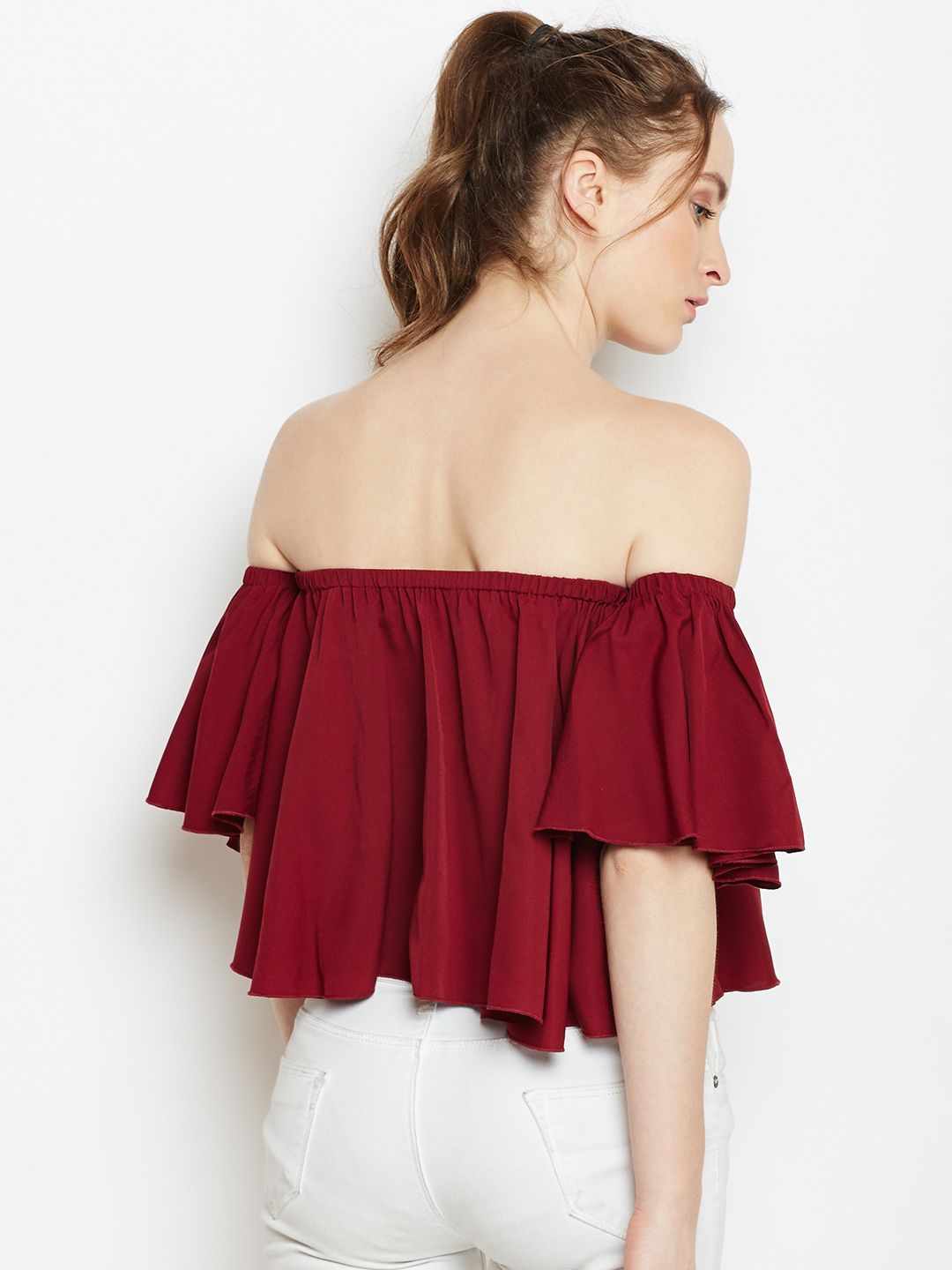 Berrylush Maroon Ruffled Bardot Top