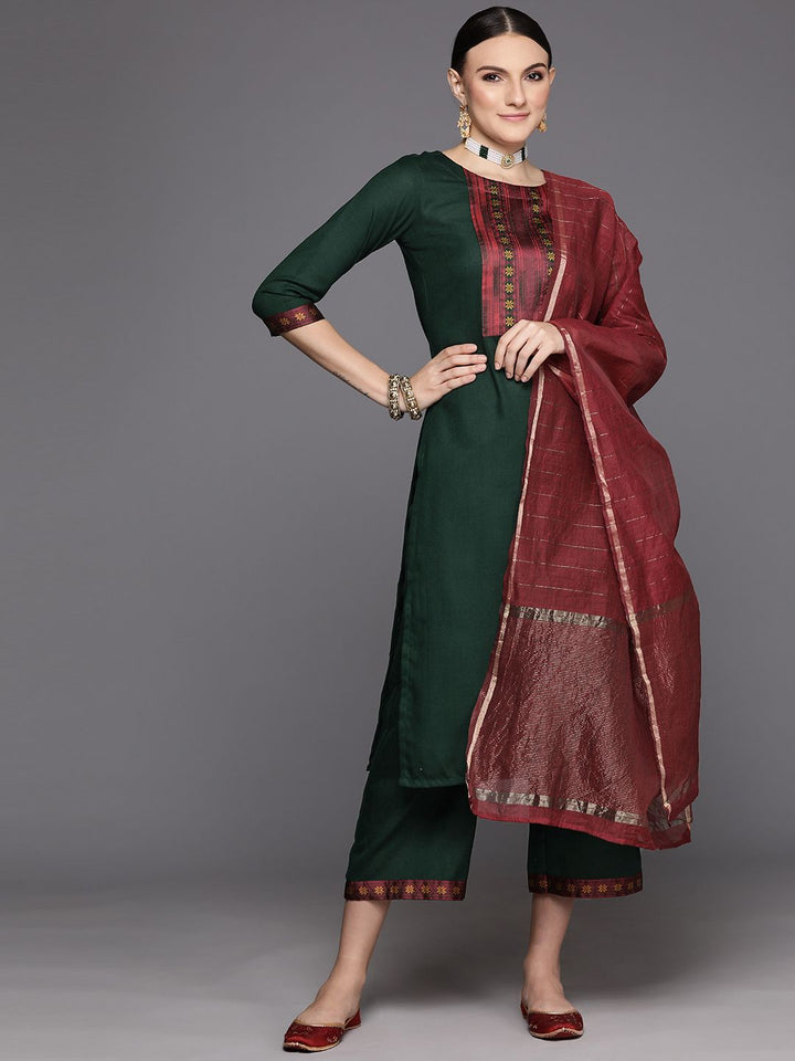 Indo Era Women Green Yoke Design Regular Kurta with Palazzos & With Dupatta