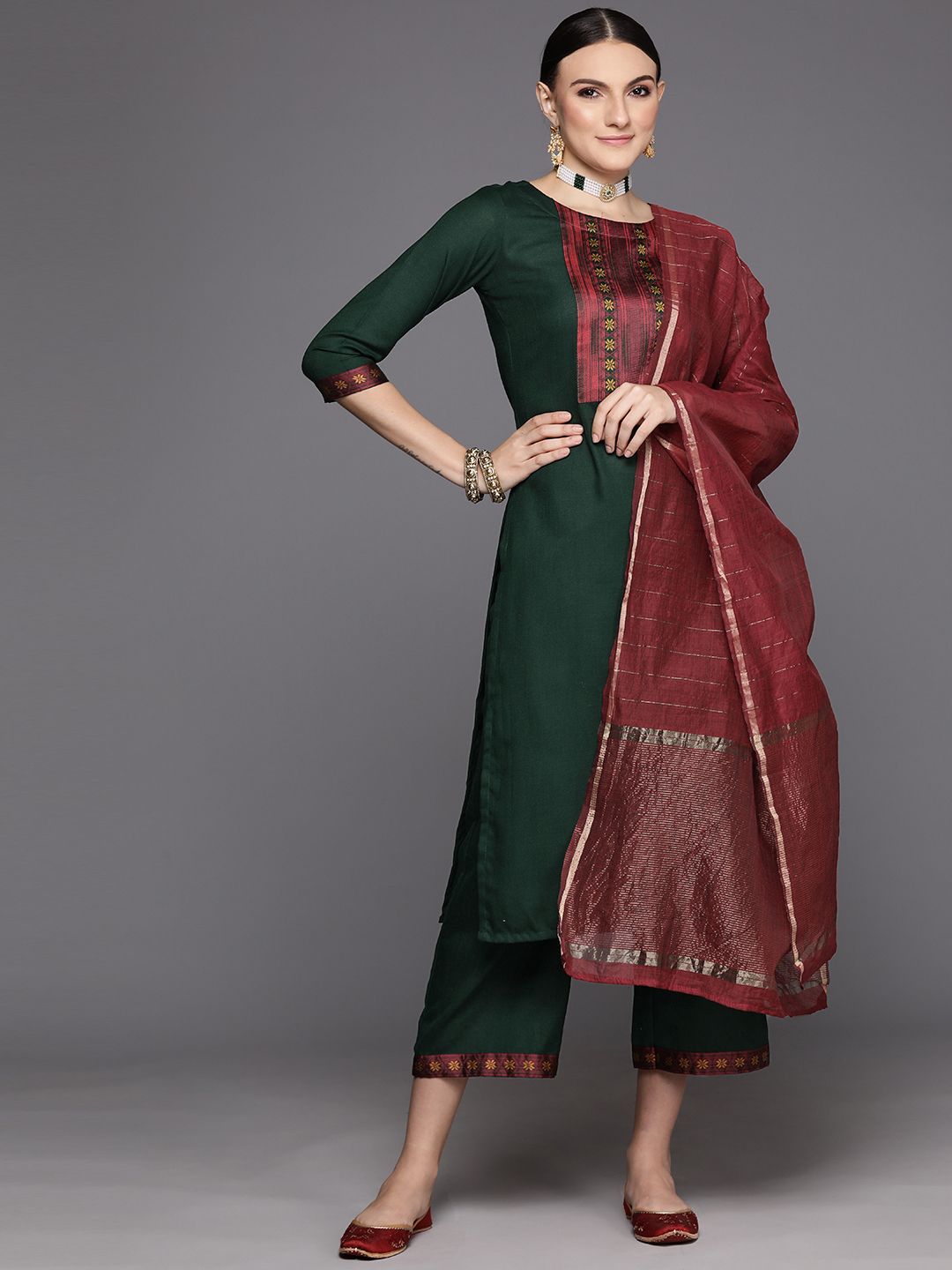Indo Era Women Green Yoke Design Regular Kurta with Palazzos & With Dupatta