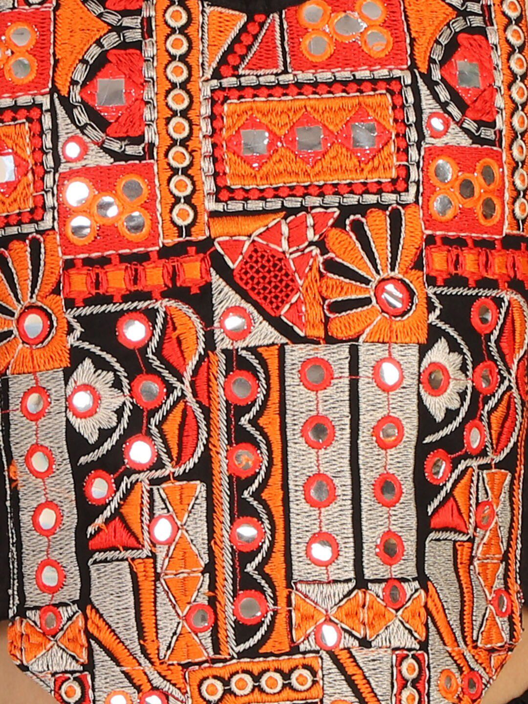 VASTRAMAY Girls Black & Orange Embroidered Patchwork Ready to Wear Lehenga Set