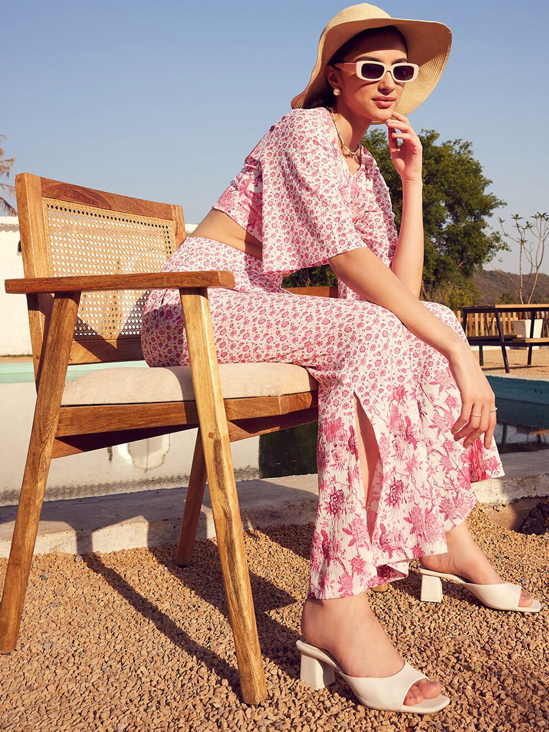 STREET 9 Floral Printed Boat Neck Crop Top with Trouser Co-Ords