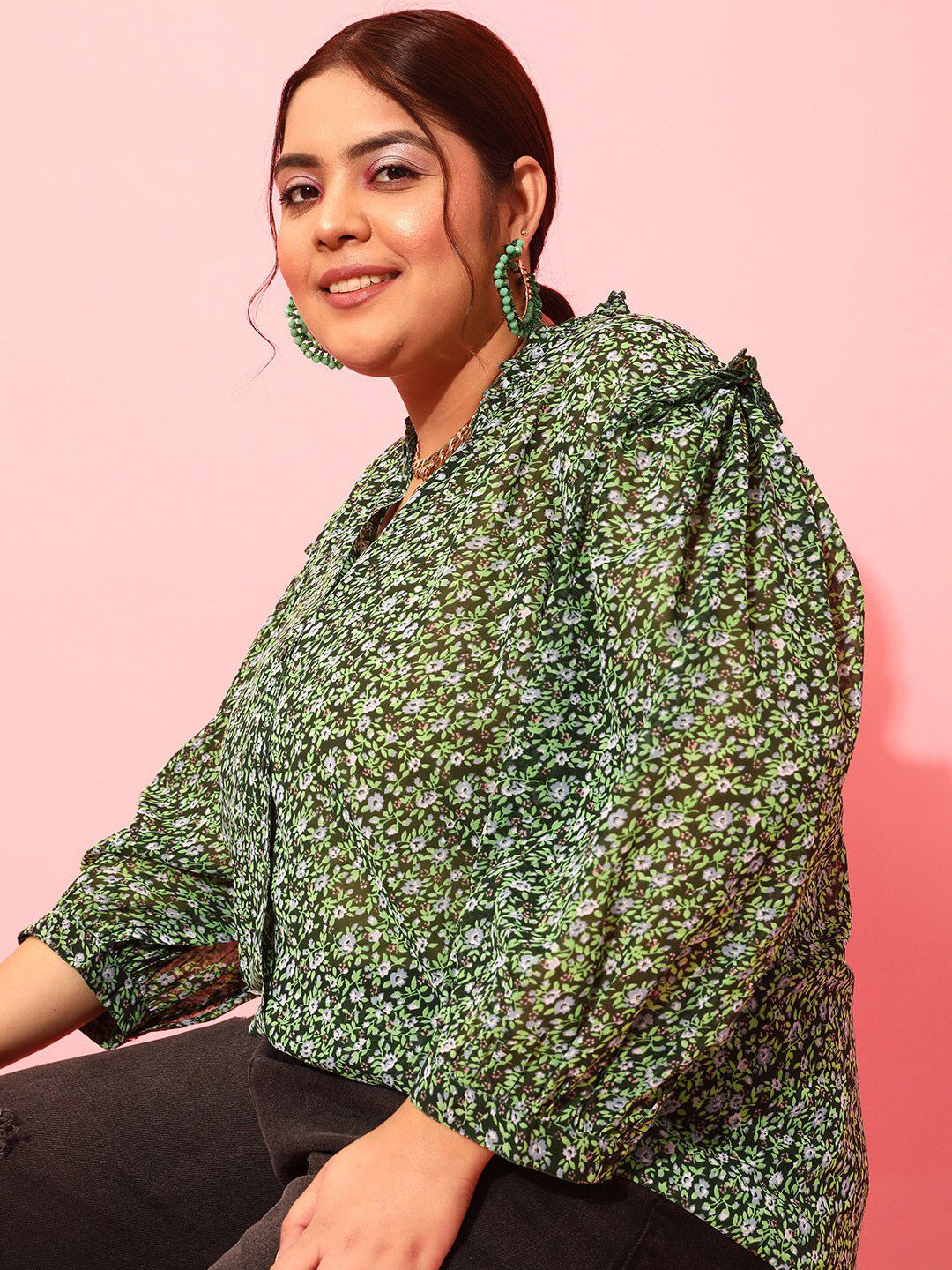 CURVY STREET Plus Size Floral Printed Puff Sleeves Satin Top