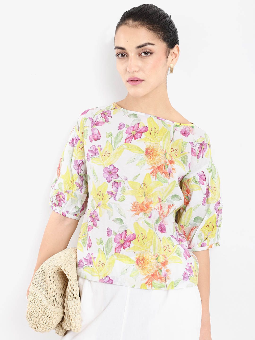 RAREISM Floral Print Puff Sleeve Styled Back Top
