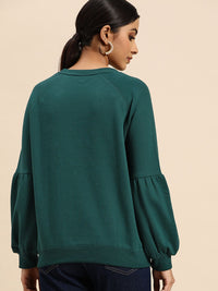 all about you Women Teal Green Solid Sweatshirt