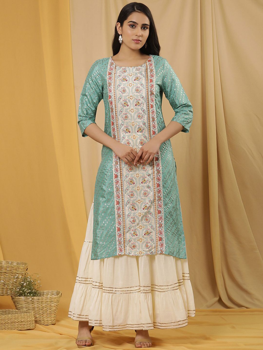 W Women Ethnic Motifs Printed Sequinned Straight Kurta with Sharara