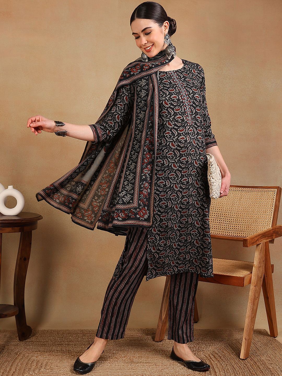 KALINI Floral Printed Regular Thread Work Kurta With Trousers & Dupatta