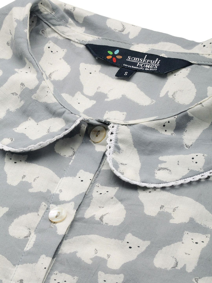 SANSKRUTIHOMES Women Grey & Off White Pure Cotton Printed Shorts Set