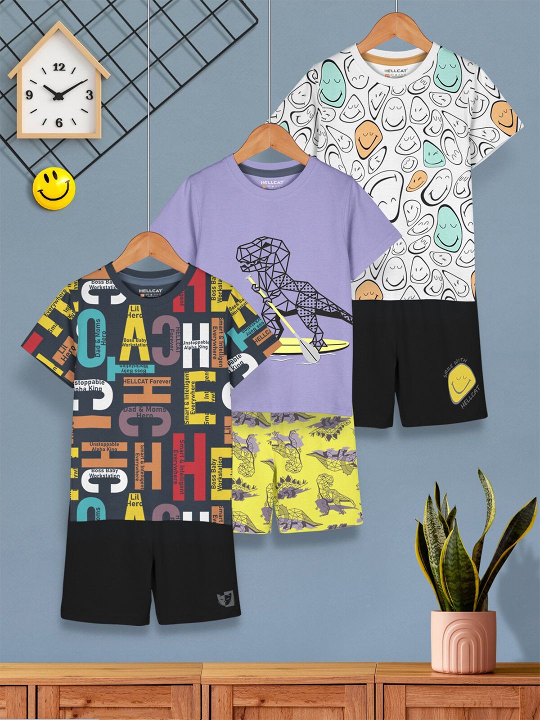 HELLCAT Boys Pack Of 3 Printed T-shirt with Shorts