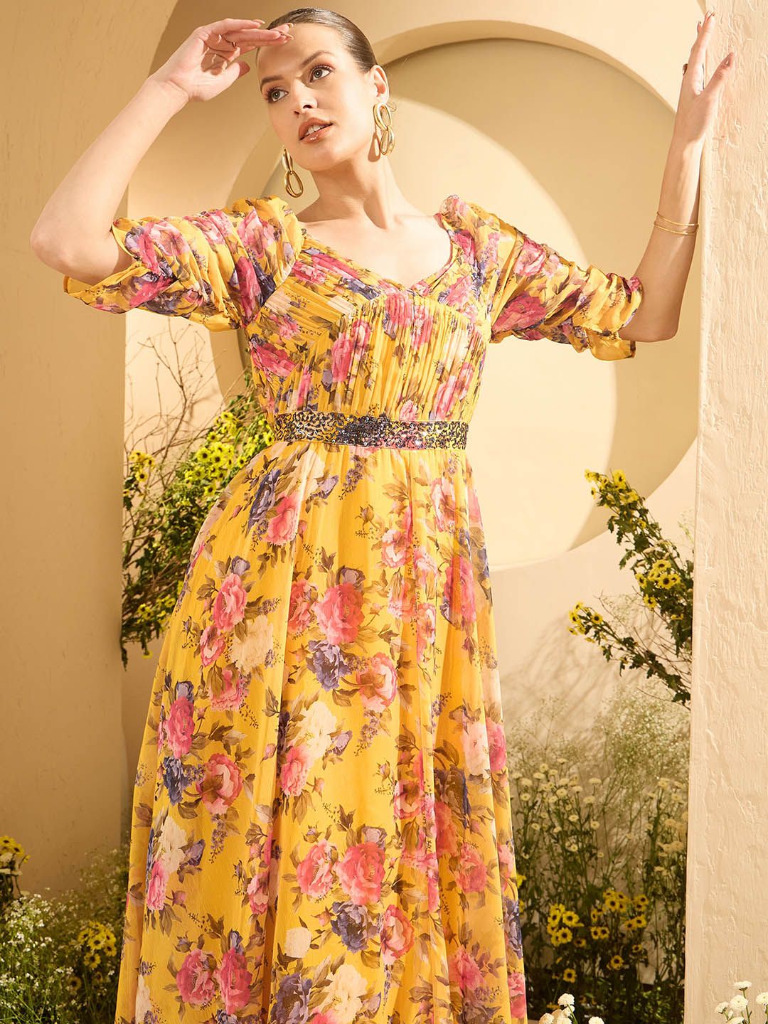 Antheaa Embellished Floral Print Chiffon Maxi Dress