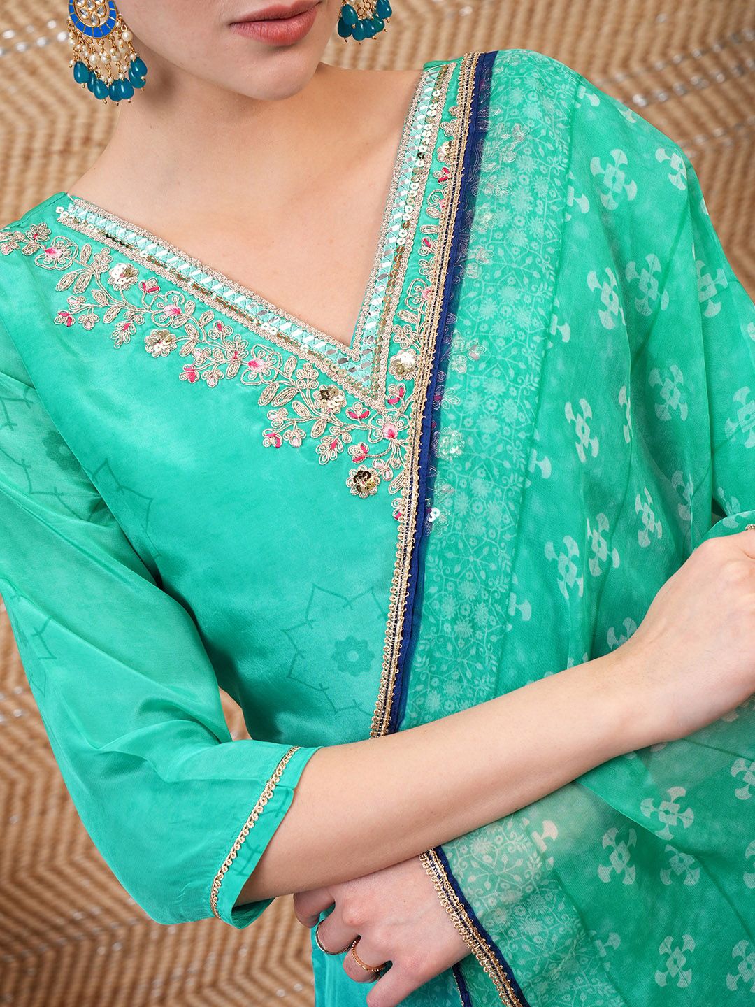 Vishudh Blue Bandhani Printed Sequinned Straight Kurta With Trousers & Dupatta