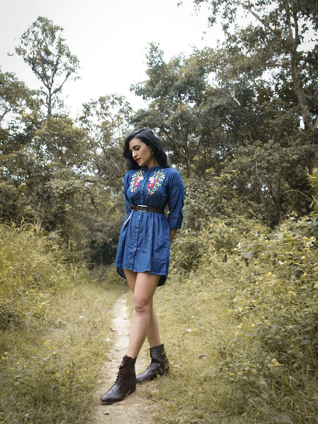 DressBerry Blue Self Design High-Low Chambray Pure Cotton Top