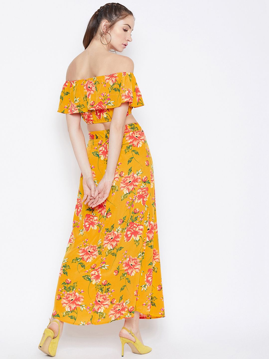 Berrylush Women Yellow & Pink Floral Printed Top with Skirt