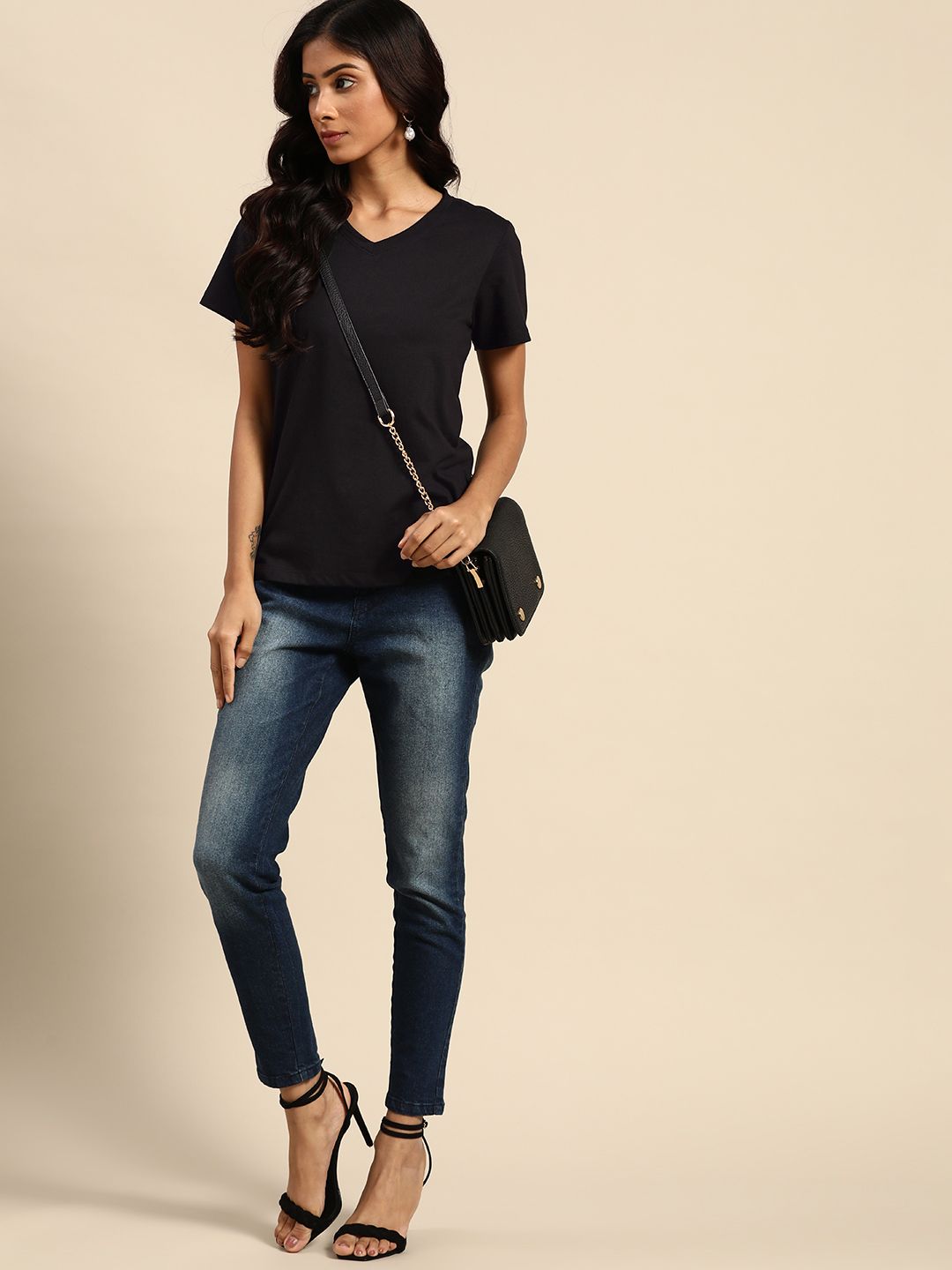 all about you Women Black Solid V-Neck T-shirt