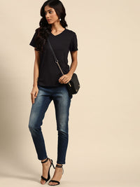 all about you Women Black Solid V-Neck T-shirt