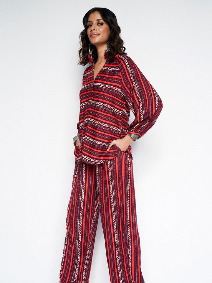 Global Desi Striped Mandarin Collar Tunic With Trouser