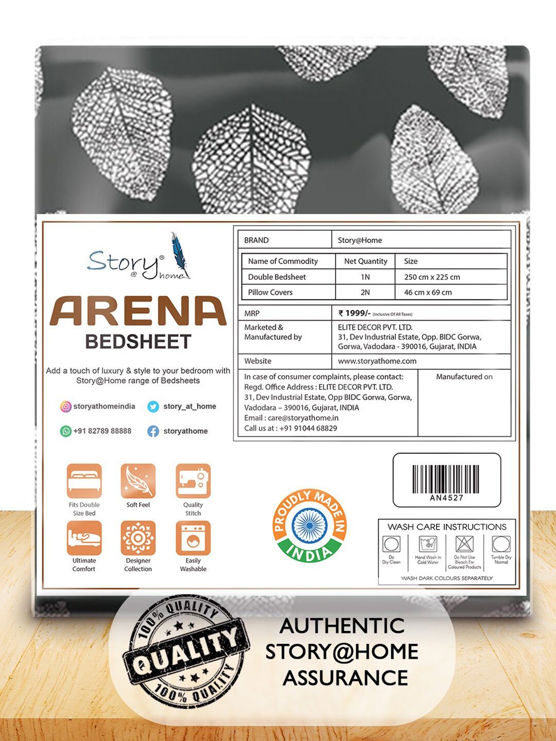 Story@home Charcoal & White Floral 180 TC Queen Bedsheet with 2 Pillow Covers