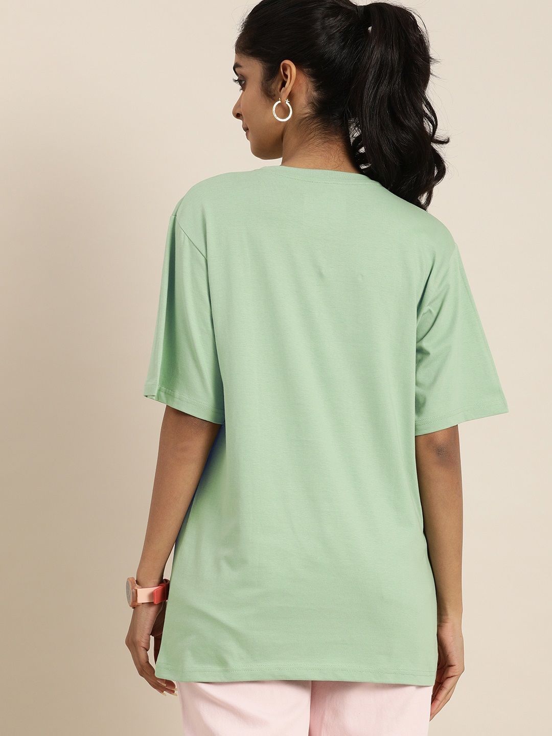 DILLINGER Women Green Printed Drop-Shoulder Sleeves Oversized Pure Cotton T-shirt
