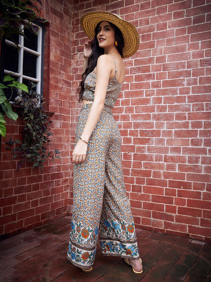 Berrylush Beige Floral Printed Crop Top With Trousers