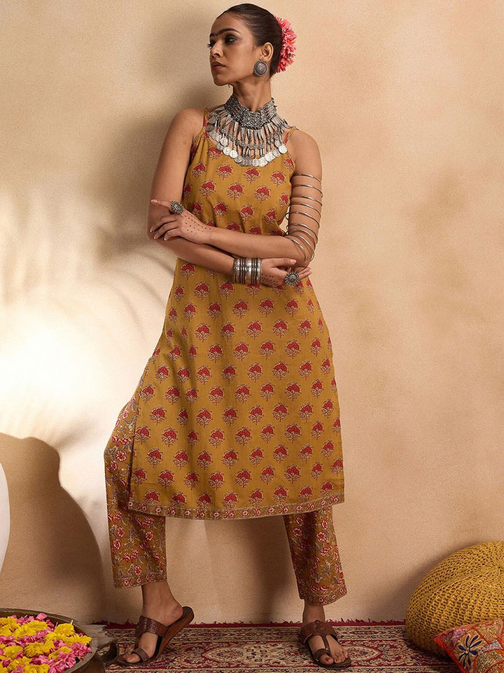 Indo Era Floral Printed Pure Cotton Straight  Kurta with Trousers