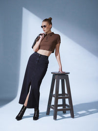 STREET 9 Brown Polo Collar Ribbed Slim Fit Crop T-shirt