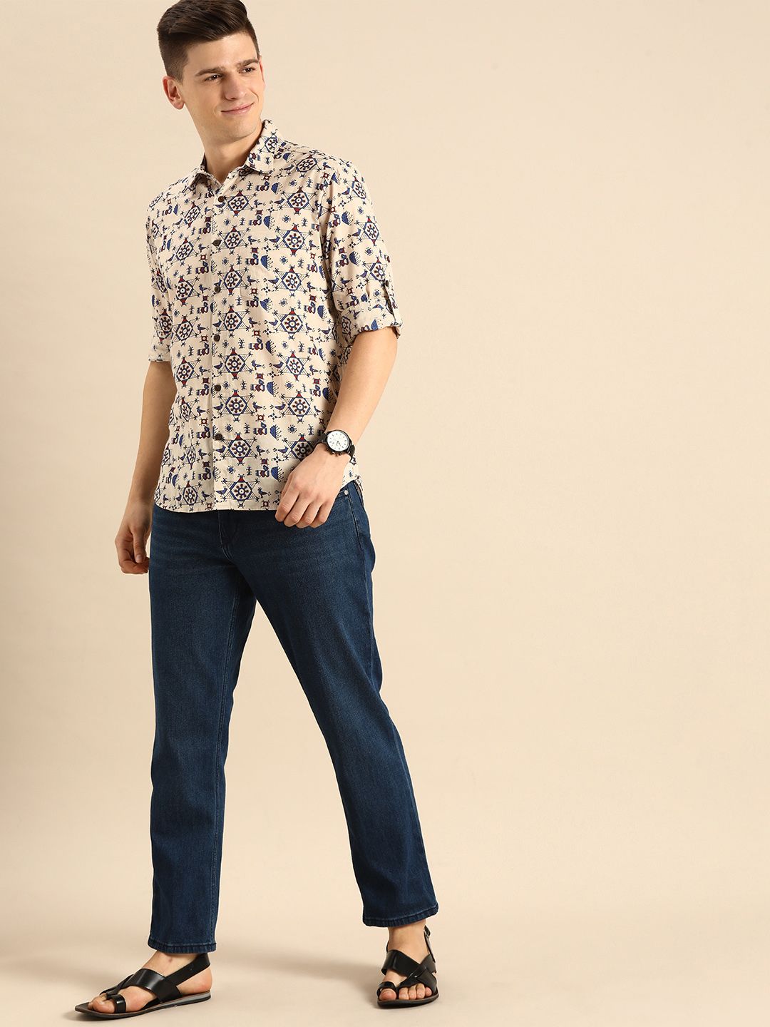 Anouk Men Off White Aztec Print Pure Cotton Casual Shirt