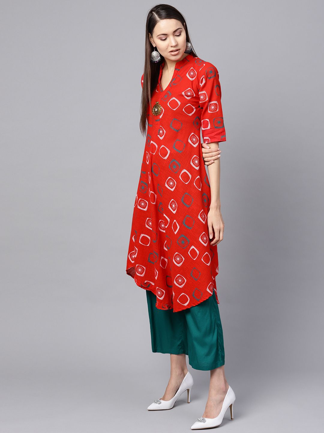 SOJANYA Women Red & White Printed A-Line Kurta