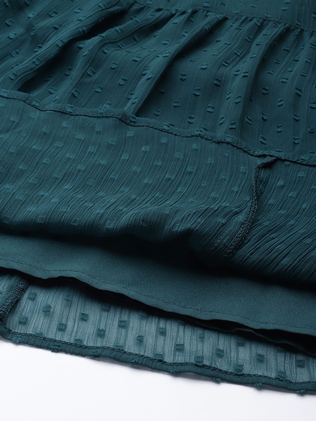 Antheaa Teal Green & Brown Floral Dobby Woven Embellished Maxi Tiered Dress