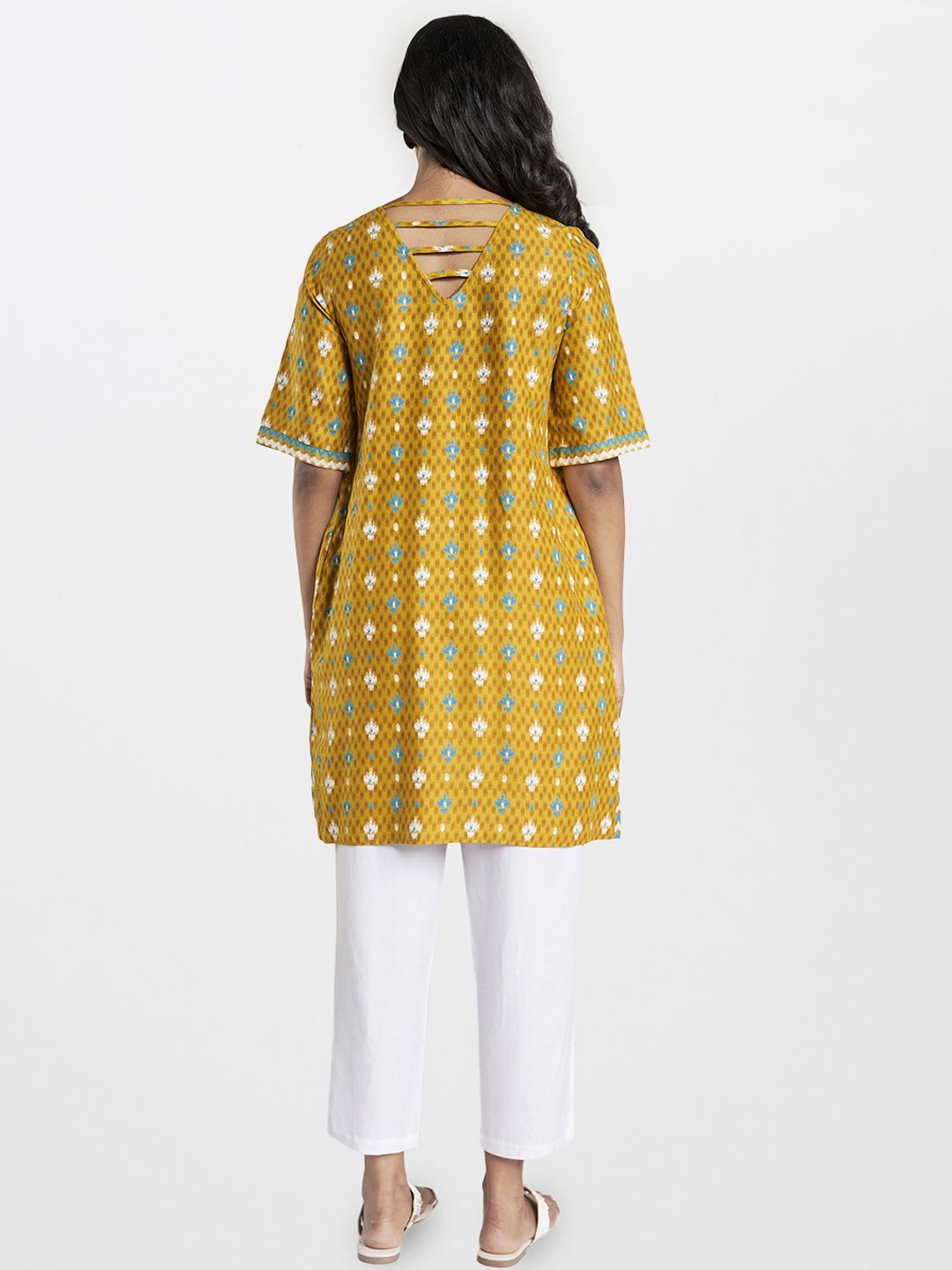 Global Desi Women Mustard Yellow Printed EcoVero A-Line Fusion Dress