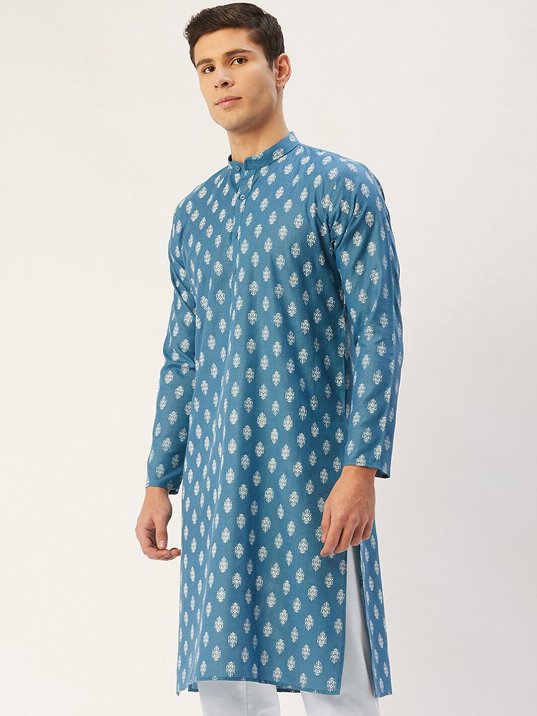Jompers Men Teal Blue & White Ethnic Motifs Kurta
