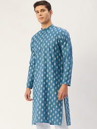 Jompers Men Teal Blue & White Ethnic Motifs Kurta
