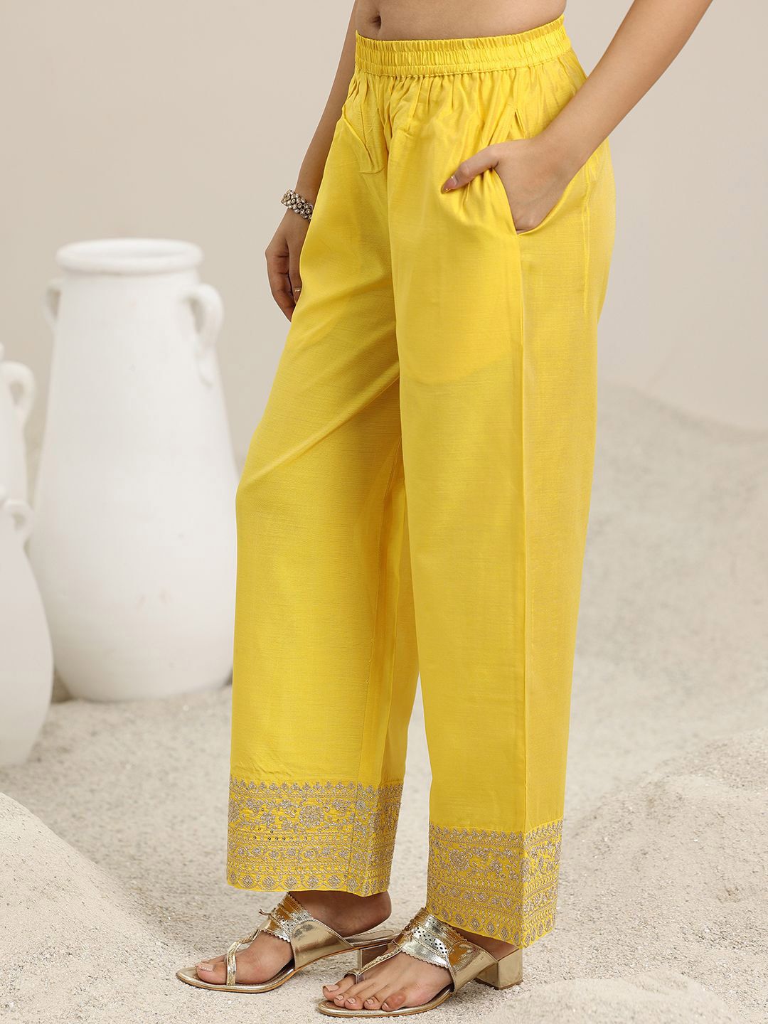 Libas Embroidered Panelled Chanderi Silk A-Line Kurta with Trouser & Dupatta