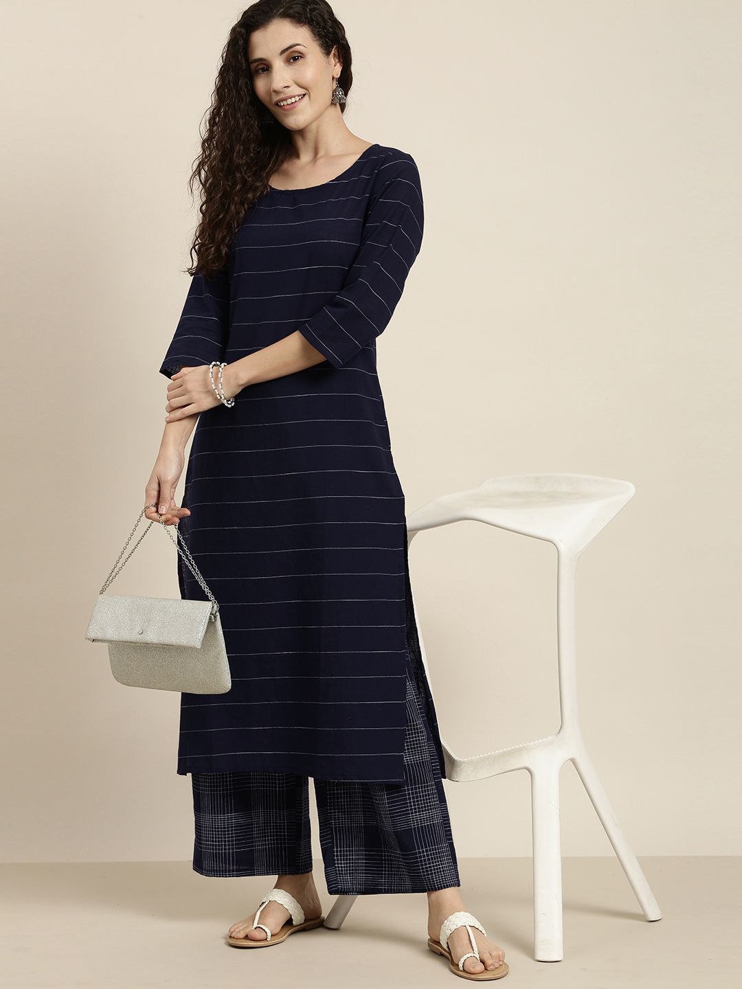 Vishudh Women Navy Blue Striped Kurta with Palazzo