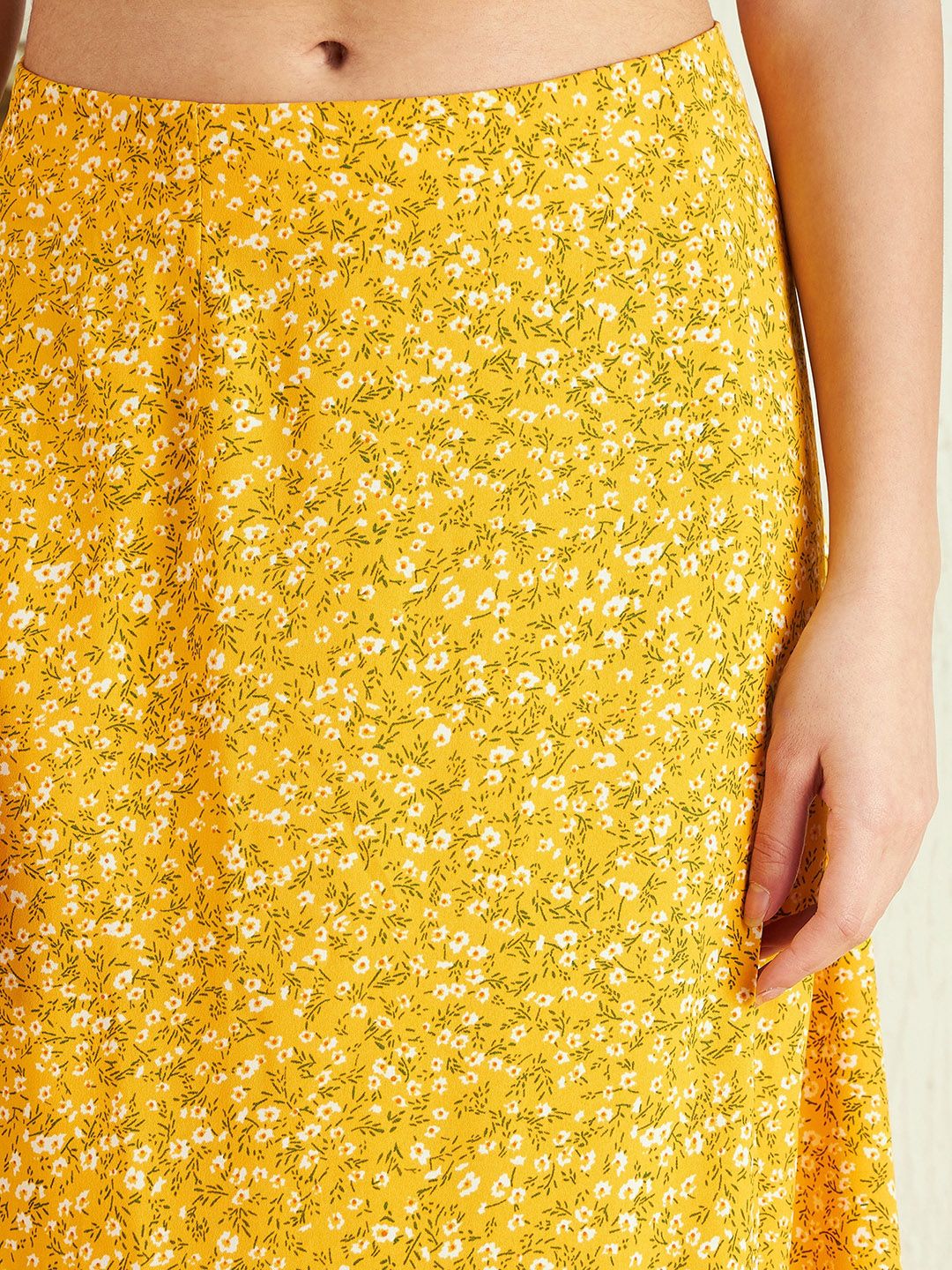 Berrylush Yellow Floral Print High Rise Side Slit A-Line Maxi Skirt