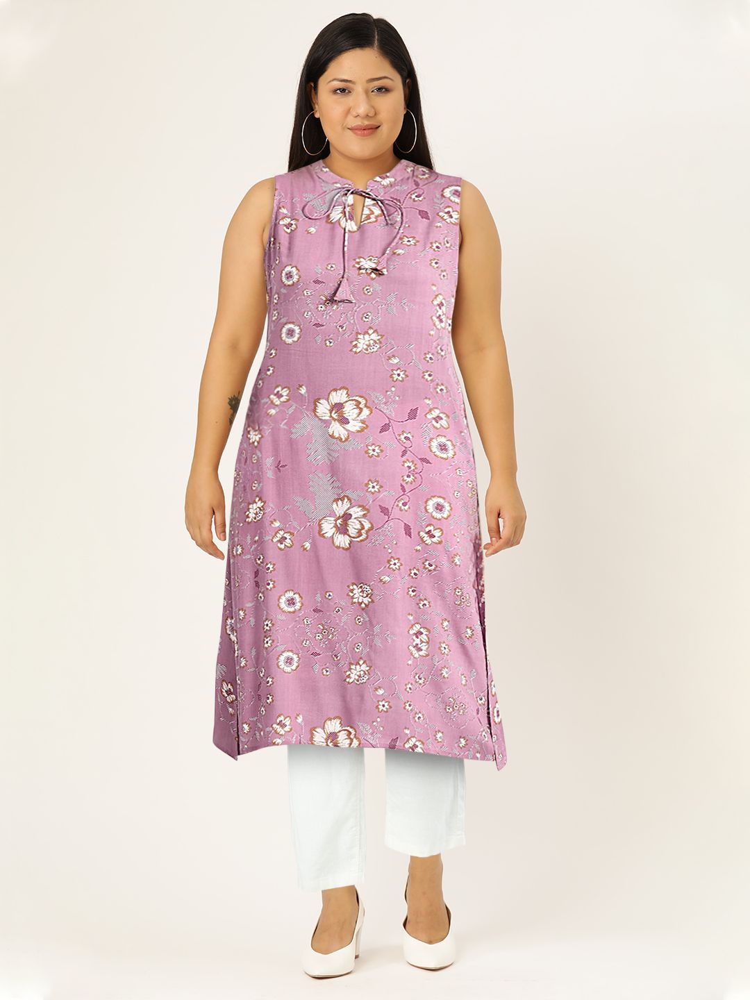 Anouk Women Floral Printed Keyhole Neck Kurta With Tie Up Details