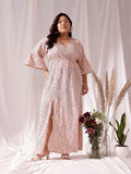 CURVY STREET Beige Floral Printed V-Neck Flared Sleeves Flared Fit & Flare Maxi Dress