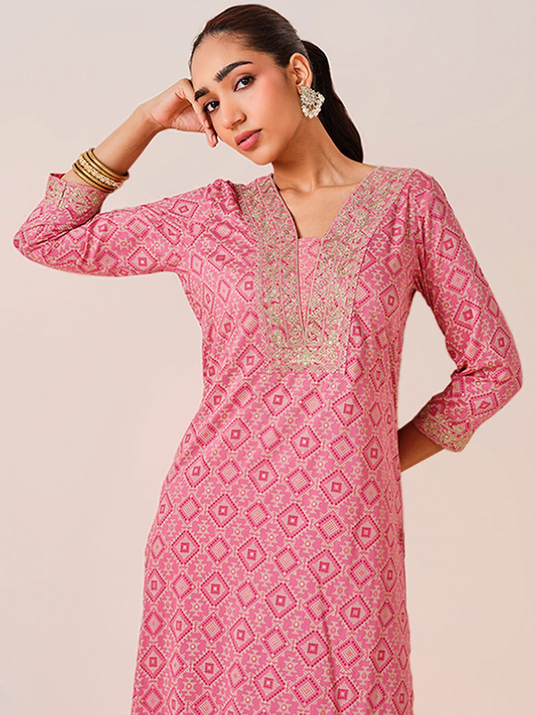 Global Desi Geometric Printed Sequinned A-Line Kurta With Palazzo