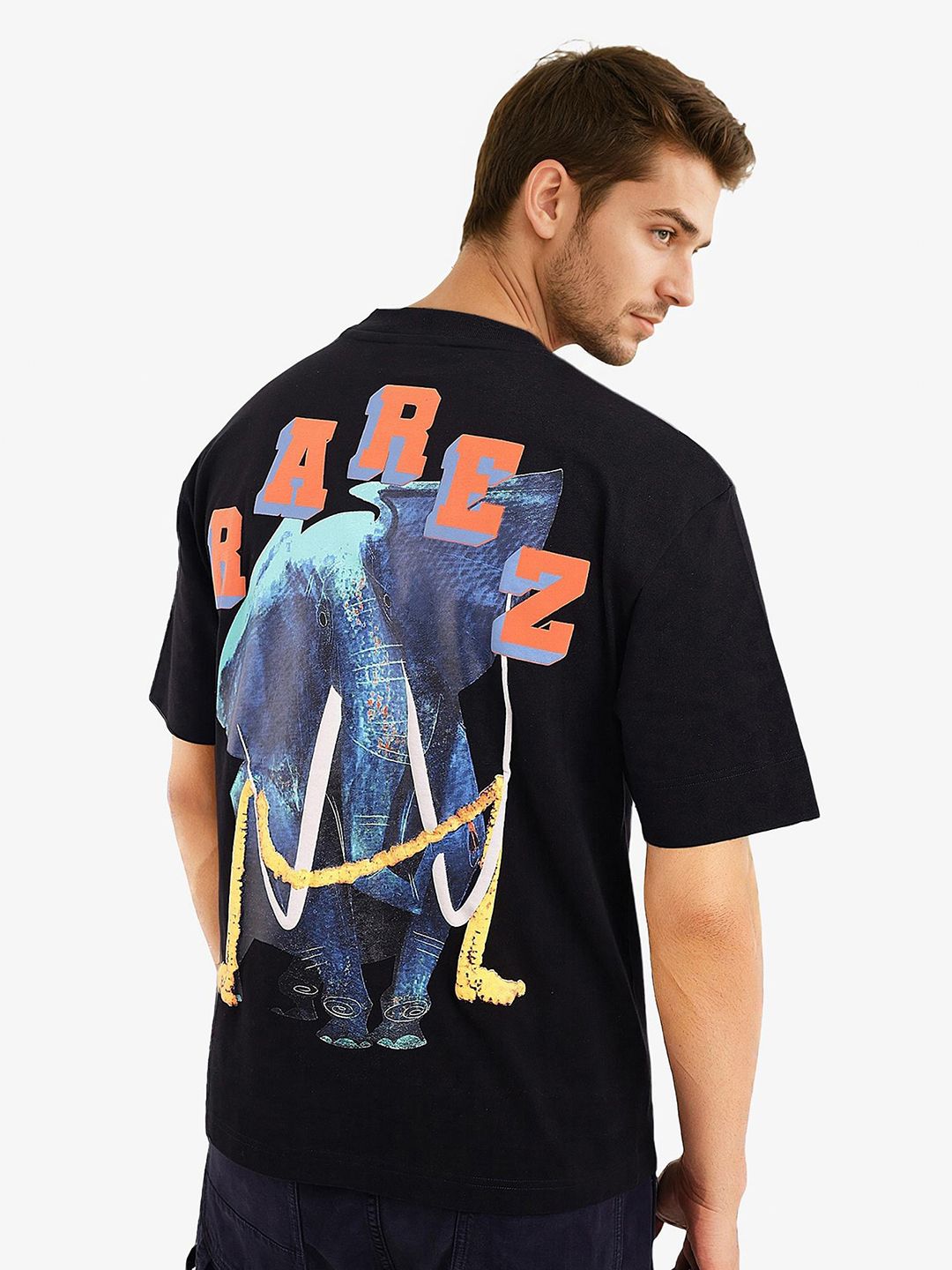 RARE RABBIT Men Graphic Printed Round Neck Cotton Oversized T-Shirt
