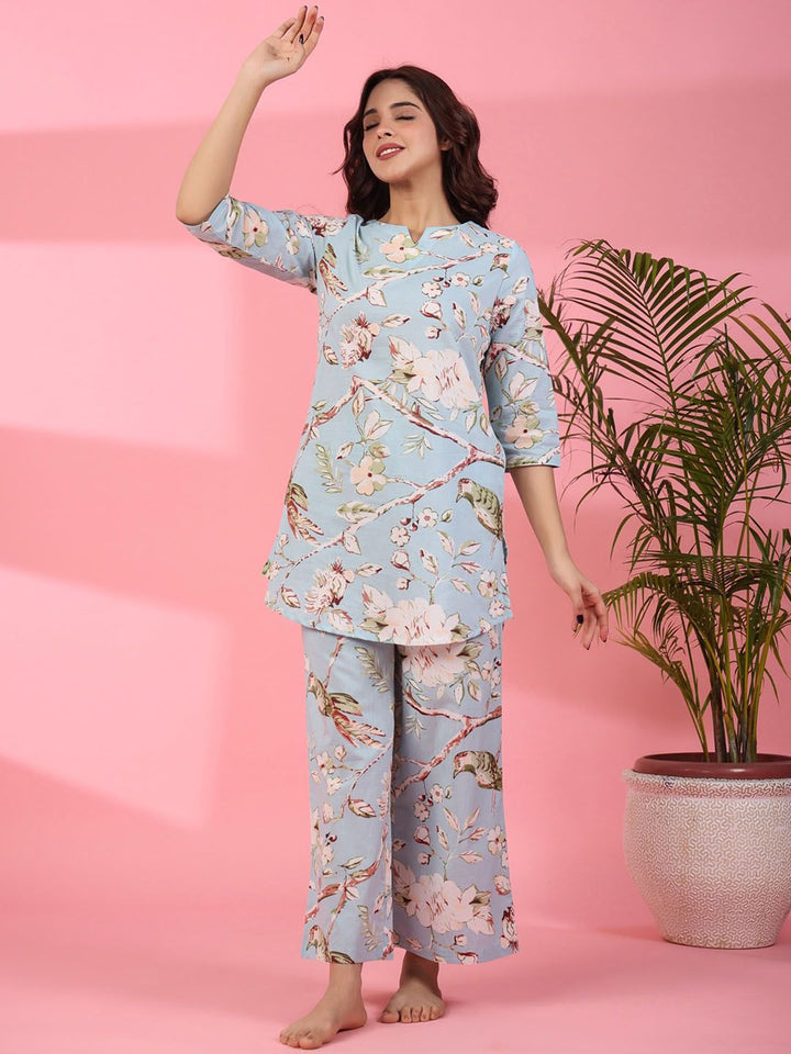 SANSKRUTIHOMES Floral Printed Notched Neck Pure Cotton Kurti With Pyjamas