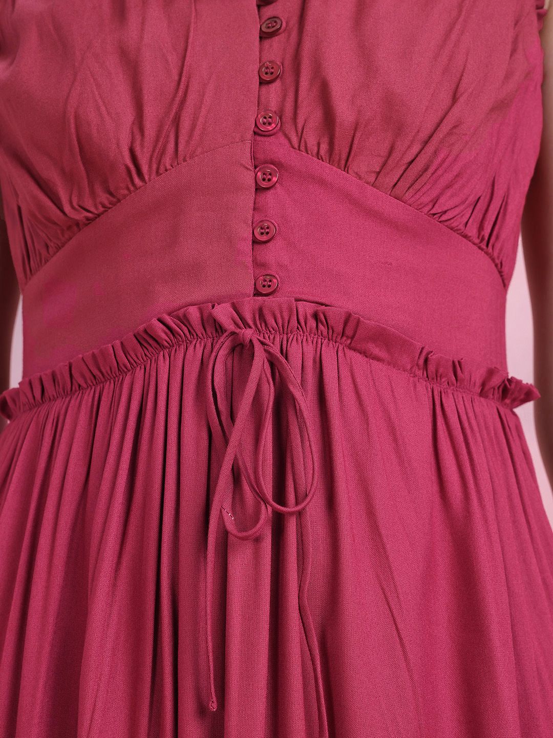 DressBerry Shoulder Straps Ruched Effect Smocked & Ruffled Detail Maxi Fit & Flare Dress