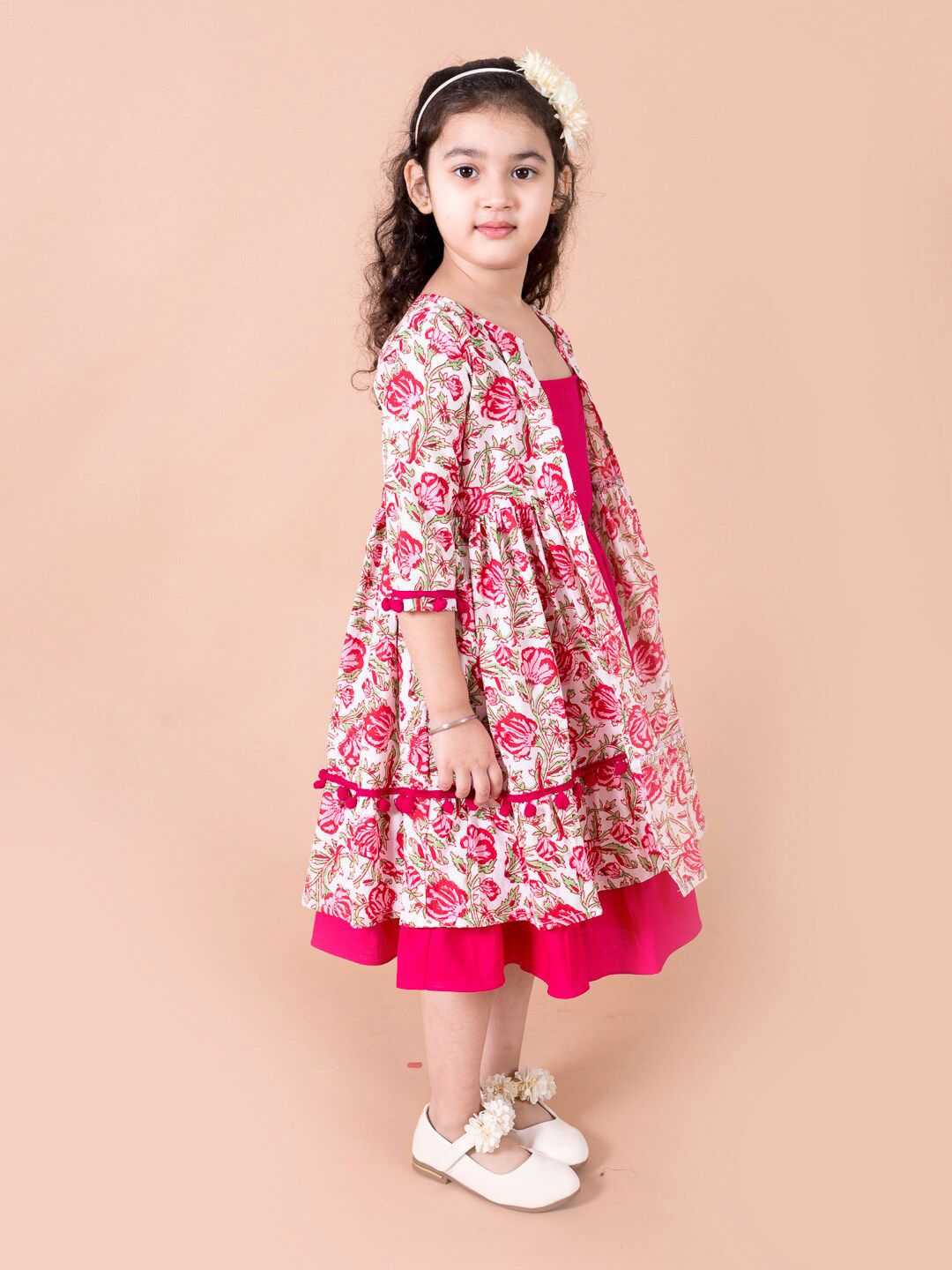 pspeaches Magenta & White Floral A-Line Cotton Dress with Attached Shrug