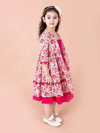 pspeaches Magenta & White Floral A-Line Cotton Dress with Attached Shrug