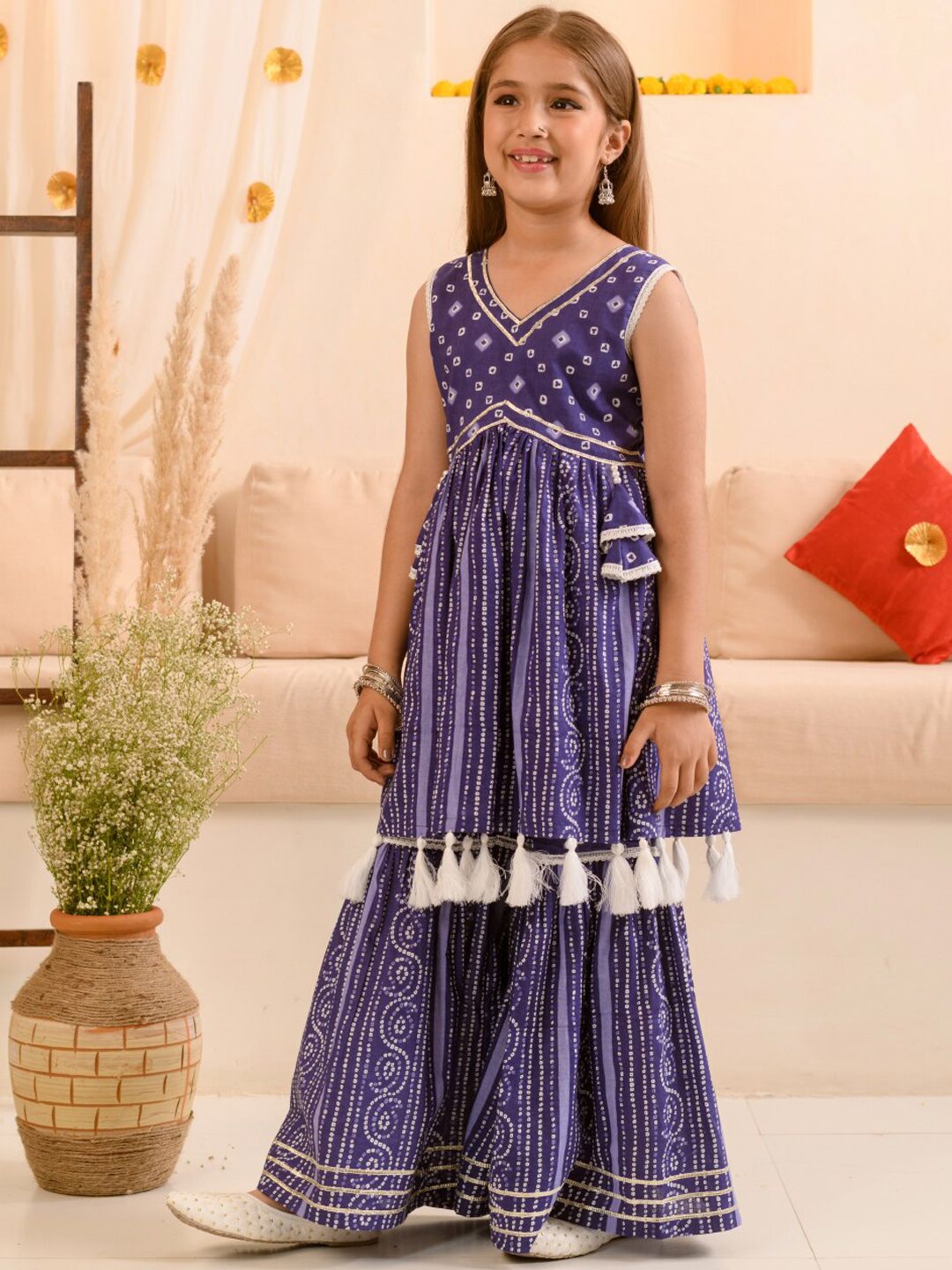 pspeaches Girls Bandhani Printed Pure Cotton Anarkali Kurta With Sharara