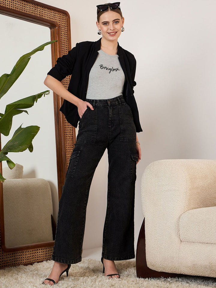 Berrylush Black Women Straight Fit High-Rise Clean Look Stretchable Jeans