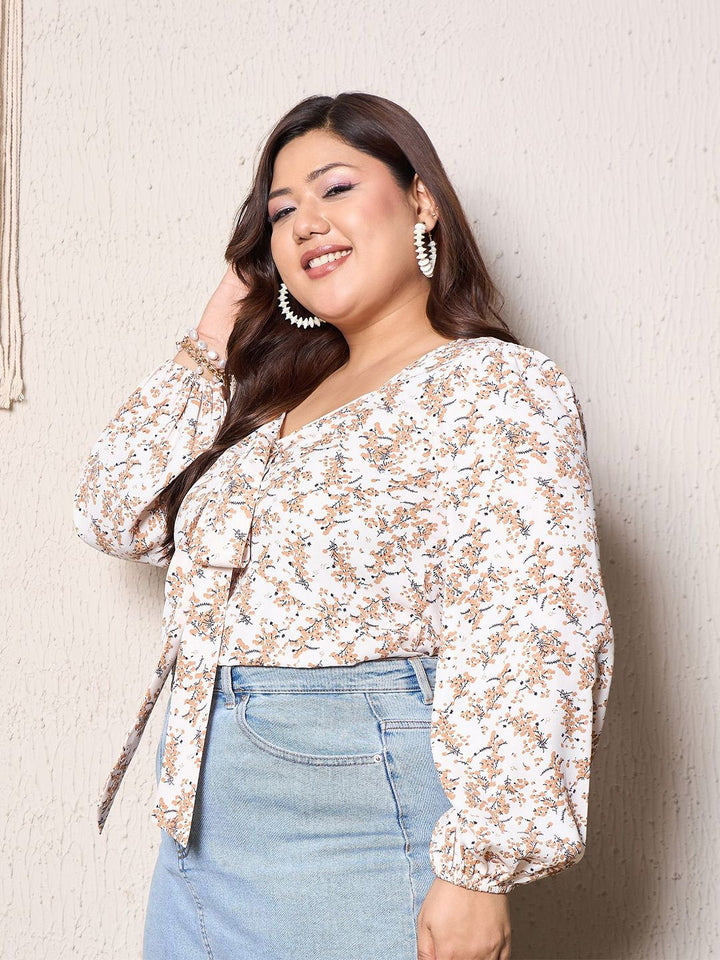 Berrylush Curve Floral Print Puff Sleeve Crop Top
