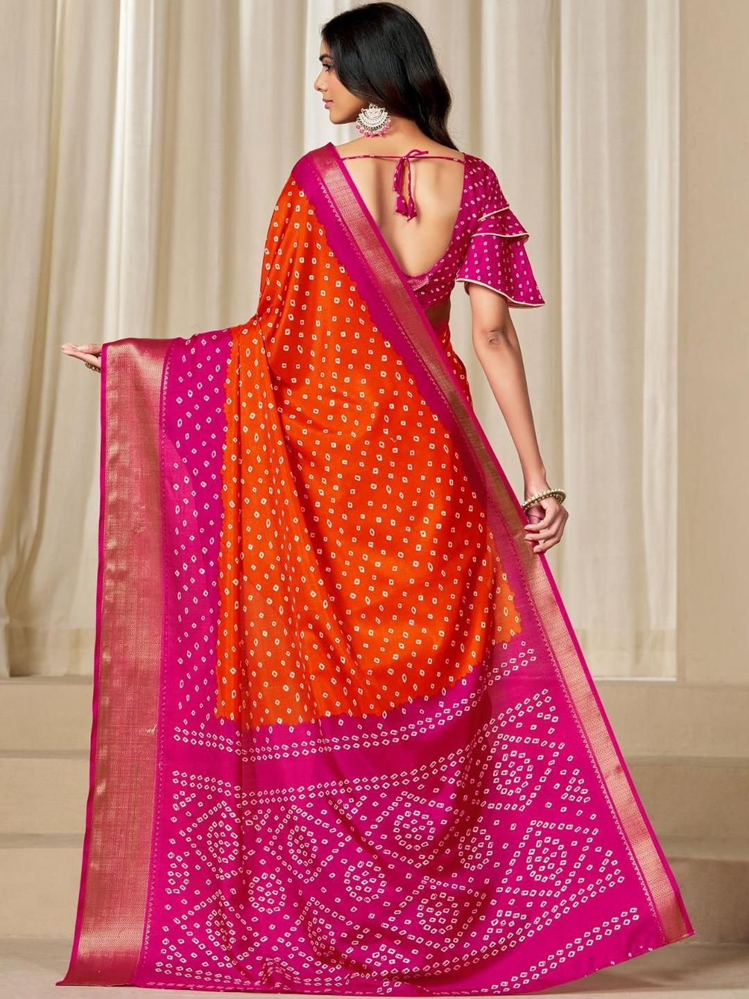 Kalini Women Dola Silk Bandhani Print Zari border Saree