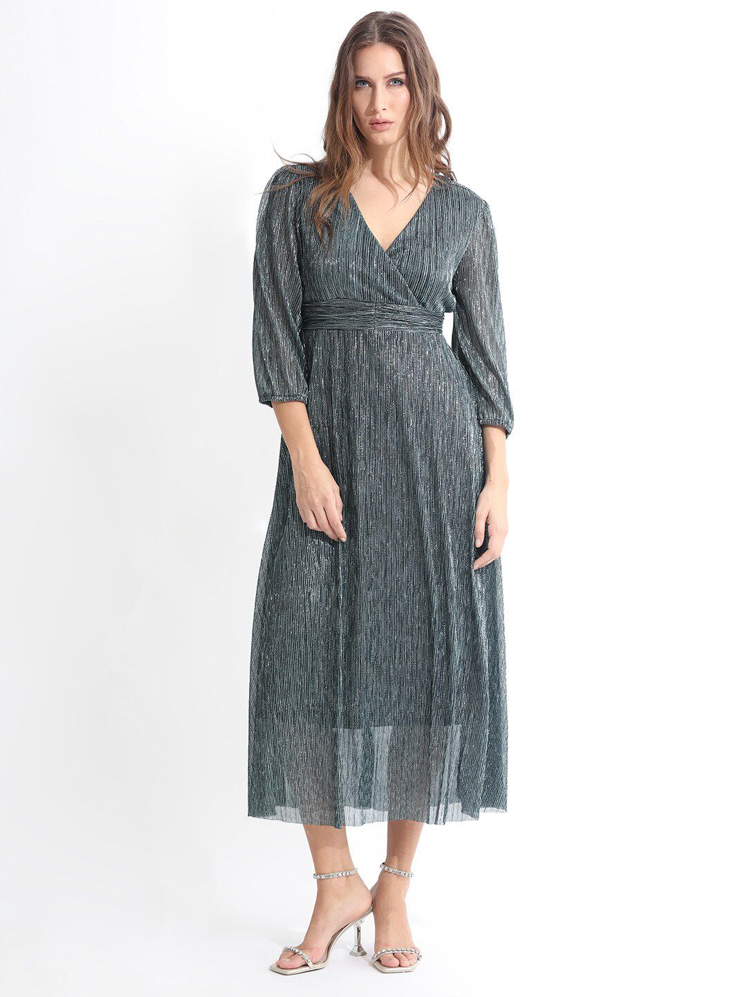 RAREISM Self Design Cuffed Sleeves Fit & Flare Midi Dress