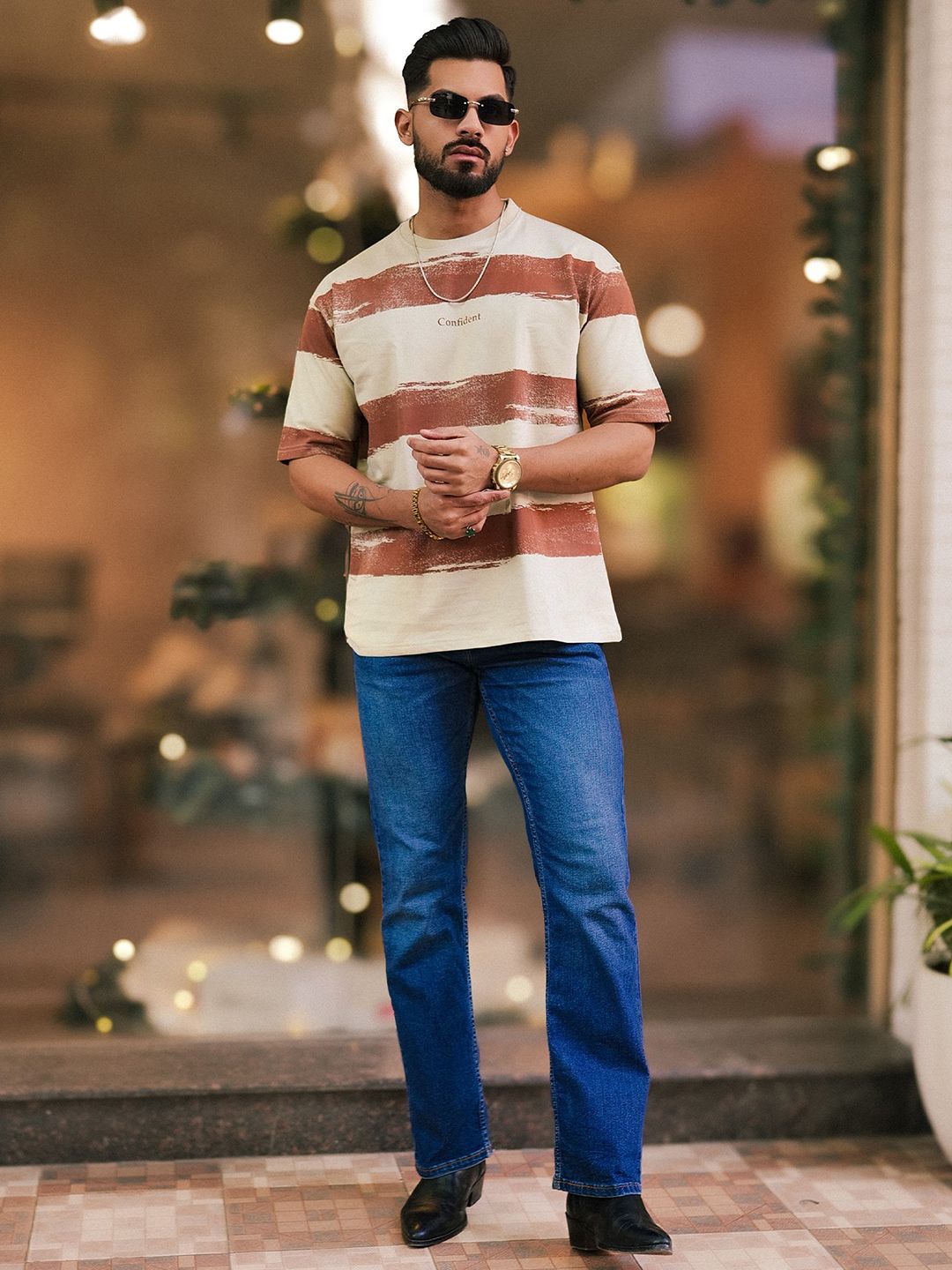 Maniac Men Striped Round Neck Cotton Oversized T-shirt