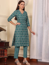 W Green Printed Printed Three-Quarter Sleeves Tunic With Trouser