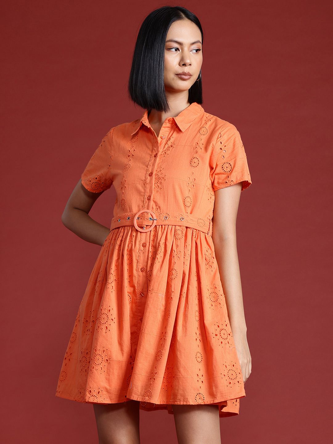 all about you Schiffli Pure Cotton A-Line Dress with Belt