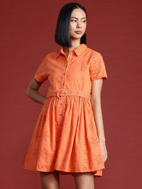 all about you Schiffli Pure Cotton A-Line Dress with Belt